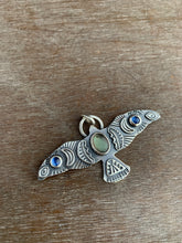 Load image into Gallery viewer, Large labradorite and kyanite stamped bird pendant