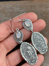 Load image into Gallery viewer, Our Lady of Guadalupe and moonstone earrings