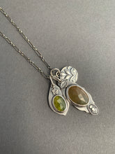 Load image into Gallery viewer, Sapphire and vesuvianite charms with a leaf “coin” accent charm