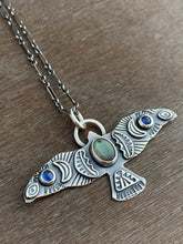 Load image into Gallery viewer, Large labradorite and kyanite stamped bird pendant