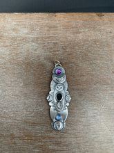 Load image into Gallery viewer, Owl pendant - Trilobite, amethyst, and kyanite