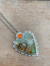 Load image into Gallery viewer, Plume agate and fire opal Sacred Heart pendant