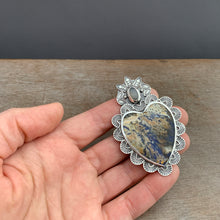 Load image into Gallery viewer, Plume agate and grey moonstone Sacred Heart pendant