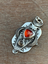 Load image into Gallery viewer, Owl pendant #12 with Hessonite garnet and Chocolate Moonstone