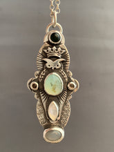 Load image into Gallery viewer, Owl pendant #13 with tourmaline, Peruvian Opal, chocolate moonstones, rainbow moonstone, and a grey moonstone