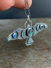Load image into Gallery viewer, Large labradorite and kyanite stamped bird pendant