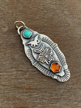 Load image into Gallery viewer, Owl pendant - moon bee hessonite with garnet and turquoise