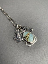Load image into Gallery viewer, Peruvian blue opal charm necklace with owl and feather charms