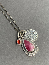 Load image into Gallery viewer, Pink Sapphire charm necklace, with a tiny garnet, and bird accent charm