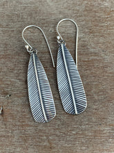 Load image into Gallery viewer, Medium/small Stamped silver feather earrings