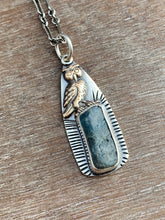 Load image into Gallery viewer, Bronze owl charm with kyanite