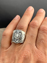 Load image into Gallery viewer, Large size 7.5 winged sacred symbol shield ring