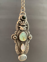 Load image into Gallery viewer, Owl pendant #13 with tourmaline, Peruvian Opal, chocolate moonstones, rainbow moonstone, and a grey moonstone