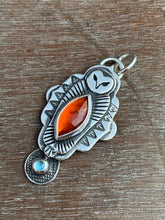 Load image into Gallery viewer, Owl pendant #9 Hessonite Garnet and Blue Topaz