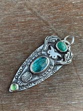 Load image into Gallery viewer, Owl pendant #6 Chrysocolla, Green Kyanite, and Serpentine