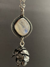 Load image into Gallery viewer, Cast cedar cone necklace with a moonstone
