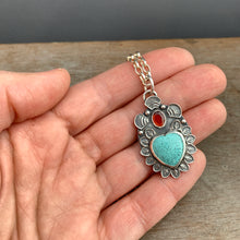 Load image into Gallery viewer, Turquoise and garnet Sacred Heart Pendant