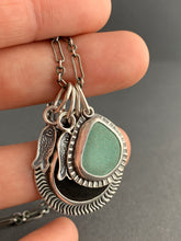 Load image into Gallery viewer, Lake Erie beach stone charm necklace, with a teal ceramic shard, and tiny fish charms