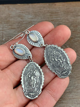 Load image into Gallery viewer, Our Lady of Guadalupe and moonstone earrings
