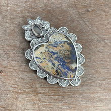 Load image into Gallery viewer, Plume agate and grey moonstone Sacred Heart pendant