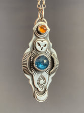 Load image into Gallery viewer, Owl pendant #11 with Citrine and Kyanite *Please note Kyanite is a vivid teal blue my camera cannot depict