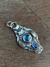 Load image into Gallery viewer, Owl pendant #8 with Kyanites *PLease note, the top kyanite is a vivid teal blue my camera cannot depict*