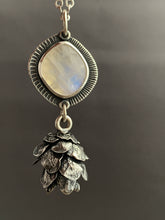 Load image into Gallery viewer, Cast cedar cone necklace with a moonstone