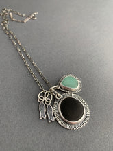 Load image into Gallery viewer, Lake Erie beach stone charm necklace, with a teal ceramic shard, and tiny fish charms