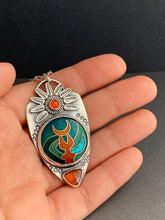 Load image into Gallery viewer, Cloisonné glass enamel with garnet and carnelian pendant