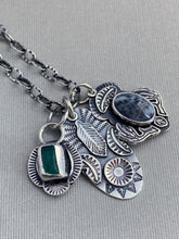 Load image into Gallery viewer, Sterling silver feather and sun charm, dendritic agate antler charm, and apatite charm