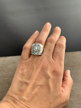 Load image into Gallery viewer, Large size 7.5 winged sacred symbol shield ring
