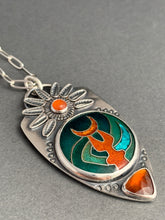Load image into Gallery viewer, Cloisonné glass enamel with garnet and carnelian pendant
