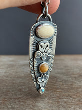 Load image into Gallery viewer, Owl pendant #6 - Fossilized Mastodon Ivory, Golden Moonstone and Labradorite