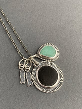 Load image into Gallery viewer, Lake Erie beach stone charm necklace, with a teal ceramic shard, and tiny fish charms