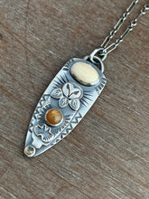 Load image into Gallery viewer, Owl pendant #6 - Fossilized Mastodon Ivory, Golden Moonstone and Labradorite