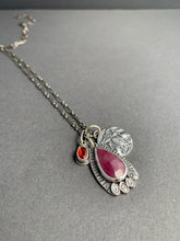 Load image into Gallery viewer, Pink Sapphire charm necklace, with a tiny garnet, and bird accent charm