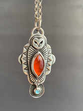 Load image into Gallery viewer, Owl pendant #9 Hessonite Garnet and Blue Topaz