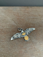 Load image into Gallery viewer, Large golden sun and eye stamped bird pendant