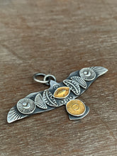 Load image into Gallery viewer, Large golden sun and eye stamped bird pendant