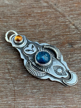 Load image into Gallery viewer, Owl pendant #11 with Citrine and Kyanite *Please note Kyanite is a vivid teal blue my camera cannot depict