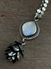 Load image into Gallery viewer, Cast cedar cone necklace with a moonstone