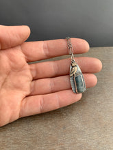 Load image into Gallery viewer, Bronze owl charm with kyanite