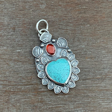 Load image into Gallery viewer, Turquoise and garnet Sacred Heart Pendant