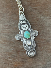 Load image into Gallery viewer, Owl pendant #1 - Peruvian Opal Rainbow Moonstone and Clear Quartz