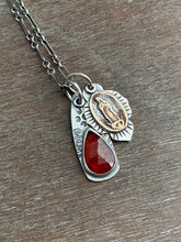 Load image into Gallery viewer, Bronze Our Lady of Guadeloupe and garnet charms