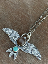 Load image into Gallery viewer, Large chocolate moonstone stamped bird pendant