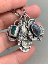 Load image into Gallery viewer, Sterling silver feather and sun charm, dendritic agate antler charm, and apatite charm