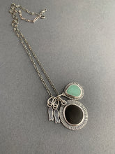 Load image into Gallery viewer, Lake Erie beach stone charm necklace, with a teal ceramic shard, and tiny fish charms