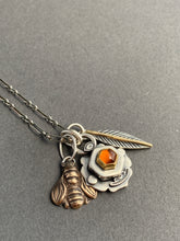 Load image into Gallery viewer, Honey comb charm necklace, Hessonite garnet set in 22k gold, with a bronze bee, and feather with an 18k gold accent