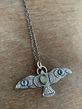 Load image into Gallery viewer, Large labradorite and kyanite stamped bird pendant